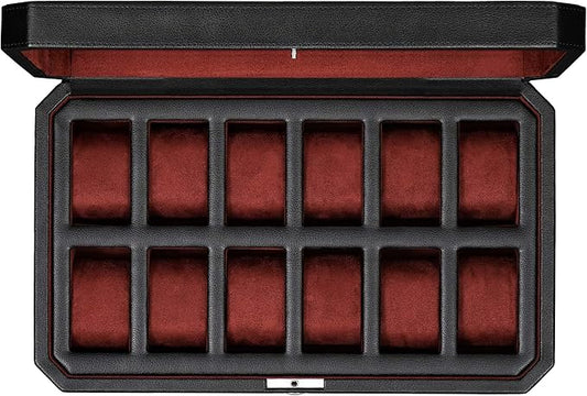 ROTHWELL 12 Slot Leather Watch Box for Men - Luxury Case Display Jewelry Organizer with Microsuede Liner - Travel Jewelry Case for Mens Accessories, Travel Organizer (Black & Red)