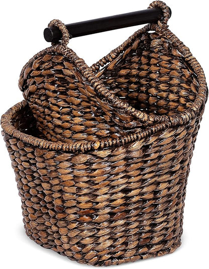 BIRDROCK HOME Seagrass Magazine and Bathroom Basket - Hand Woven Toilet Paper Holder with Pocket - Grey Wash - Stylish Decorative Design - Wooden Basket Décor - Dispenser