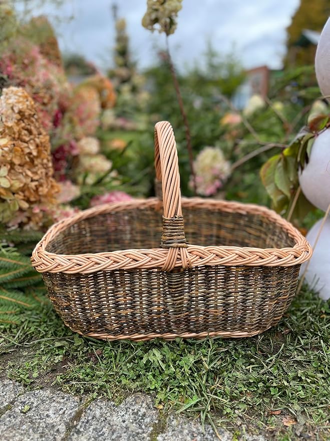 Handwoven Willow Basket with Braided Handle – Rustic Wicker Storage Basket - 11.81W x 17.32L x 10.24H (#1)