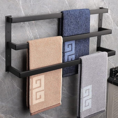 NearMoon Bathroom Towel Bar, Towel Rod Holder, Square Shelf Rack Hanging Towel for Bath, Thicken SUS304 Stainless Steel Towel Rack Wall Mounted-3-Tier Bath Accessories (24 Inch, Matte Black)