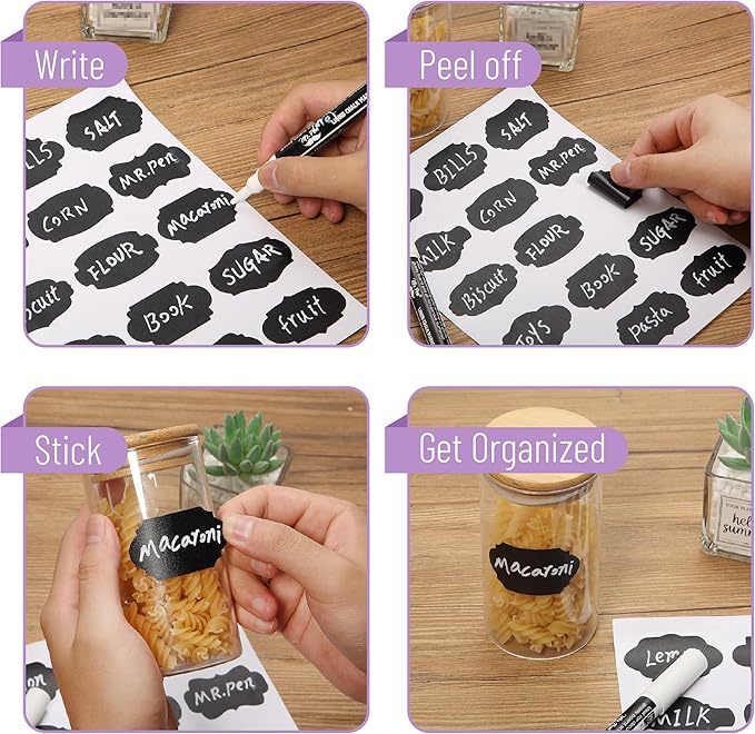 Mr. Pen- Chalkboard Labels, 150 pcs, Assorted Shapes, 1 White Chalk Marker and Small Towel, Label Stickers for Bottle, Food, Jar and Storage Bins