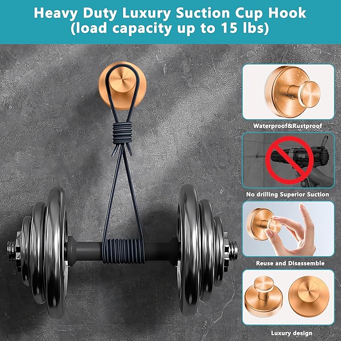 Epritliber Suction Cup Hooks for Shower,Wreath Hanger for Front Door,Removable No Drill Towel Loofah Hooks,Upgraded 15 lbs Strong Suction for Bathroom,Wall,Glass,Stainless Waterproof-Rose Gold 4 Pcs