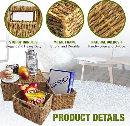 Wicker Basket Set – Stackable Storage Bins for Organizing Pantry & Kitchen – 1 Large Basket + 2 Small Baskets with Handle – Wicker Storage Baskets for Shelves & More