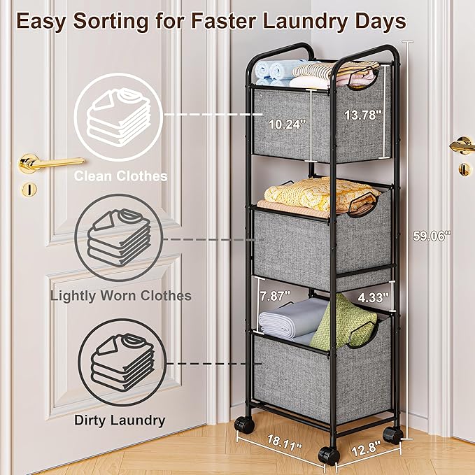 110L Vertical Rolling Laundry Basket Organizer with Wheel, 3-Tier Dirty Clothes Laundry Hamper, 3-Section Laundry Sorter Cart, Portable Laundry Baskets for Small Space, Dorm, Laundry, Closet, Bathroom