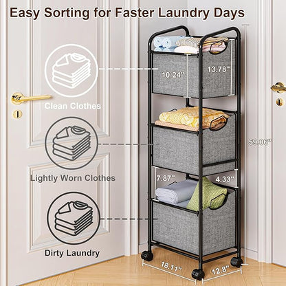 110L Vertical Rolling Laundry Basket Organizer with Wheel, 3-Tier Dirty Clothes Laundry Hamper, 3-Section Laundry Sorter Cart, Portable Laundry Baskets for Small Space, Dorm, Laundry, Closet, Bathroom