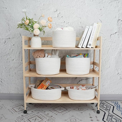 Woven Cotton Storage Baskets - 3-Pack Round Bins (10x10x7'') for Shelves, Closets & Bookcases | Durable Rope Organizers for Nursery, Baby, Toys, Easter & More (white)