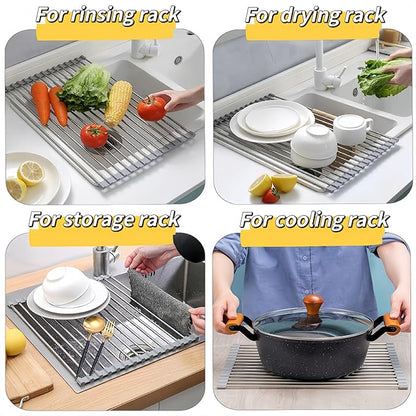 Sayehuanye Roll Up Dish Drying Rack, 17.7" x 15.8" Over The Sink Dish Drying Rack, Kitchen Dish Rack Foldable Dish Drainer, Stainless Steel Dish Drying Rack for Kitchen Sink Counter Storage (Grey)