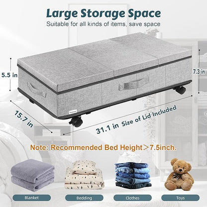 Supowin Under Bed Storage with Wheels, Rolling Underbed Storage Containers with Lids, Under Bed Shoe Storage Bins Organizer with Reinforced Metal Bottom Support and Three Handles