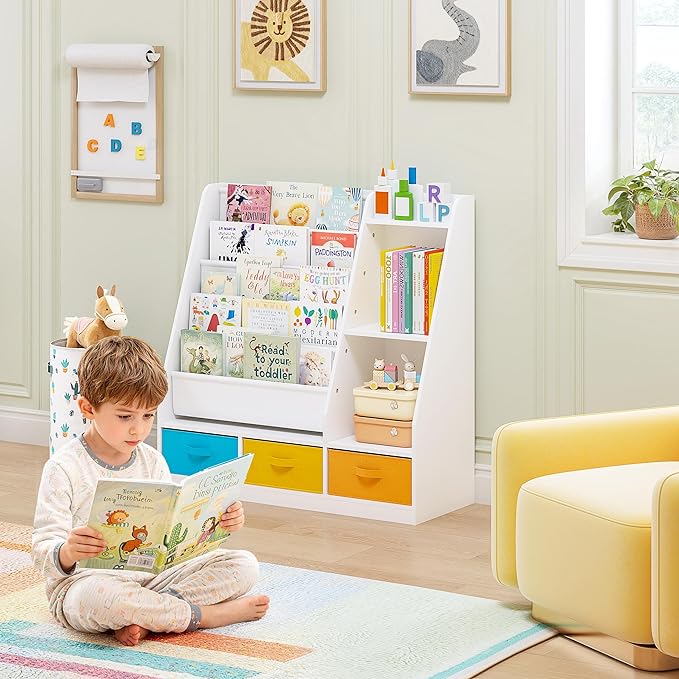 Spirich 5-Tier Kids Bookshelf with Storage Bins, Montessori Forward-Facing Book Display Toddler Bookcase, Wood Book Shelf for Kids Room, Classroom, Nursery, White