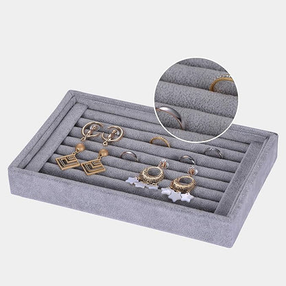 Valyria Velvet 7 Slots Ring Earrings Trays Showcase Display Jewelry Organizer (Grey)