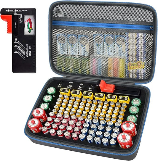 ALKOO Battery Organizer Storage Holder Case Box with Tester Checker BT-168. Holds 136+ Batteries AA AAA C D Cell 9V 3V Lithium (Blue)