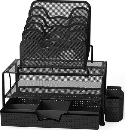 Simple Houseware Mesh Desk Organizer with Sliding Drawer, Double Tray and 5 Stacking Sorter Sections, Black