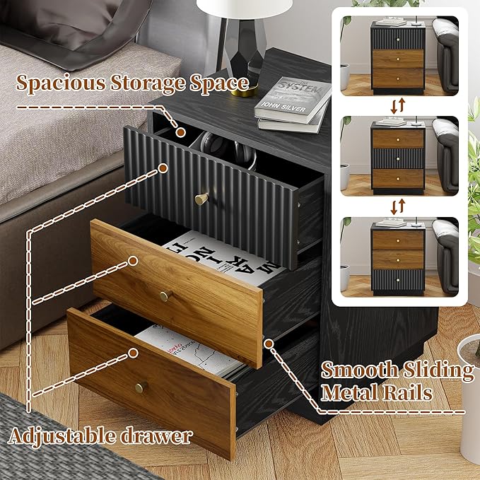 23.6" Tall Night Stand with 3 Storage Drawers, Fluted Nightstand with Metal Handles, Modern End Table Bedside Table Chest for Bedroom, Black and Walnut