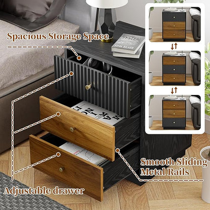 23.6" Tall Night Stand with 3 Storage Drawers, Fluted Nightstand with Metal Handles, Modern End Table Bedside Table Chest for Bedroom, Black and Walnut