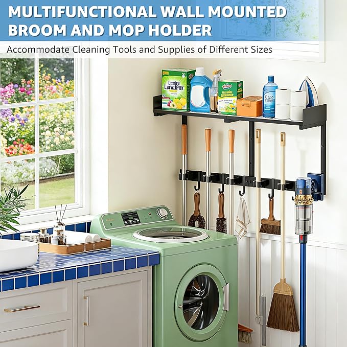 Heavy Duty Broom Holder Wall Mount with Grid Shelf, 5 Adjustable Hooks & Vacuum Hanger | All-in-One Cleaning Supplies Organizer for Laundry Room, Garage, Kitchen Storage
