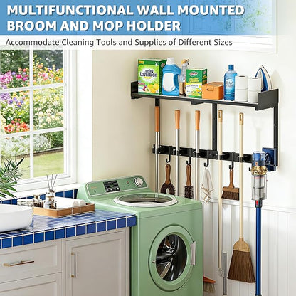 Heavy Duty Broom Holder Wall Mount with Grid Shelf, 5 Adjustable Hooks & Vacuum Hanger | All-in-One Cleaning Supplies Organizer for Laundry Room, Garage, Kitchen Storage