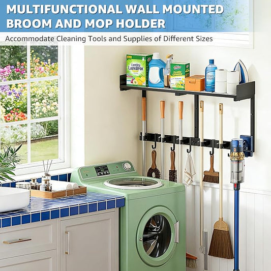 Heavy Duty Broom Holder Wall Mount with Grid Shelf, 5 Adjustable Hooks & Vacuum Hanger | All-in-One Cleaning Supplies Organizer for Laundry Room, Garage, Kitchen Storage