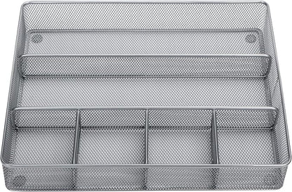 Annova Desk Top Organizer Tray for Office Organization - Metal Mesh - Storage Tray with Dividers for Pens, Desktop Accessories, Bathroom, Kitchen, Makeup and Office Supplies (Large, Silver)