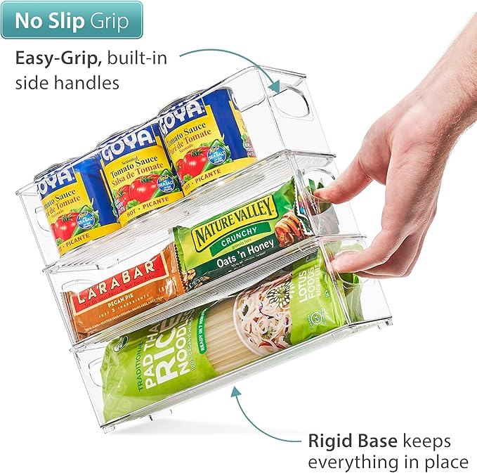 Sorbus Stackable Refrigerator Organizer Bins - Set of 4 Clear Storage Bins for Kitchen Pantry, Freezer & Fridge Organization - Food Organizing Plastic Containers with Handles for Countertops & Drawers