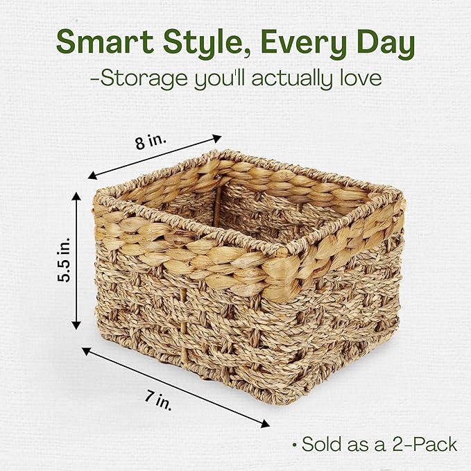 Small Wicker Baskets for Storage 2-Pack, Natural, Woven Baskets for Organizing Living Room, Pantry, Shelves, Wicker, Decorative - Small Size - 8x7x5.5 inches