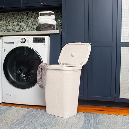 Mind Reader 60L Slim Laundry Hamper, Clothes Basket, Lid, Linen Design, Plastic, Ivory