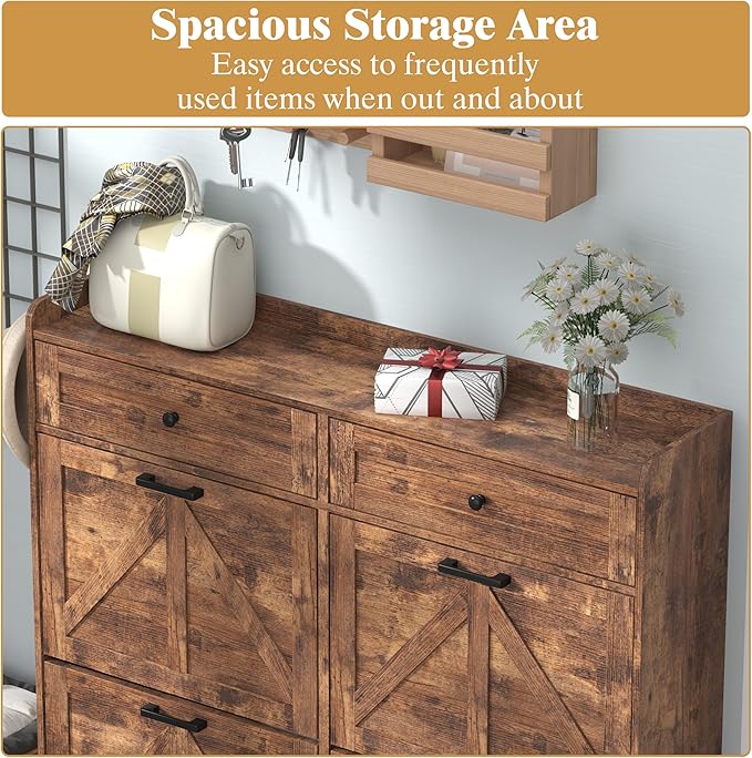 Shoe Cabinet with 4 Flip Drawers & 2 Storage Drawers, Rustic Farmhouse Narrow Shoe Organizer Cabinet, Slim Shoe Rack Cabinet, Shoe Storage Cabinet for Entryway, Hallway, Front Door