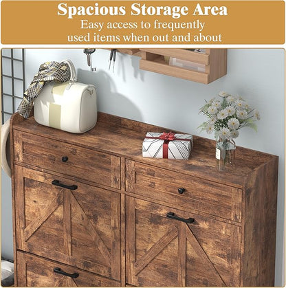 Shoe Cabinet with 4 Flip Drawers & 2 Storage Drawers, Rustic Farmhouse Narrow Shoe Organizer Cabinet, Slim Shoe Rack Cabinet, Shoe Storage Cabinet for Entryway, Hallway, Front Door
