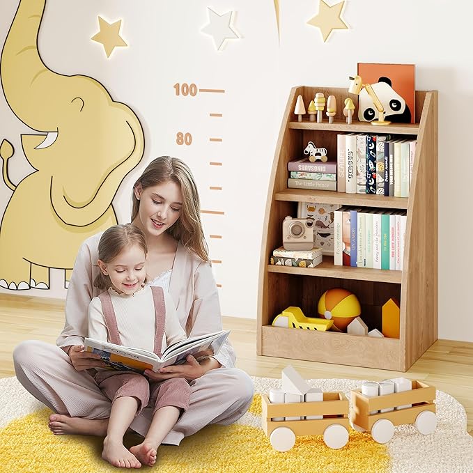 Kids Bookshelf,4 Tier Kid Book Shelf for Kids Rooms,Wood Children Bookcase,Baby Storage Books Rack,Toddler Bookshelf, Book and Toy Organizer,Books Display Shelf for Bedroom, Playroom, Nursery