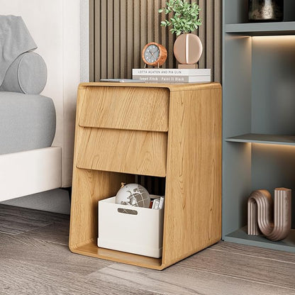 Small Nightstand Set of 2, Boho Bedside Table, Wooden Night Stand with Storage, Mid Century Modern Bed Side Table, Wood End Table with Slanted 2 Drawers, Bedroom, Natural, Oak
