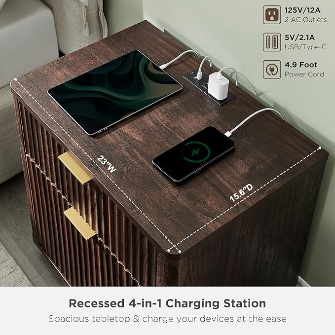 T4TREAM 23'' Fluted Nightstand Set of 2 with Charging Station, Large 2 Drawer Bedside Table, Modern End Table with Storage, Mid Century Night Stand for Bedroom Living Room, Curved Profile, Dark Walnut
