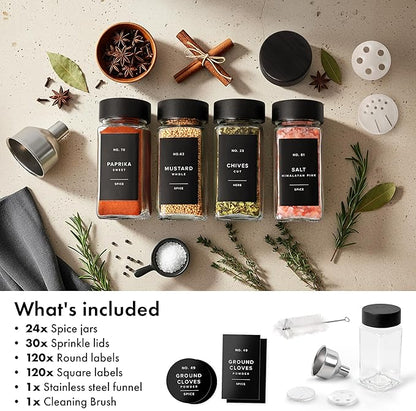 Square Spice Jars with Black Bamboo Wooden Lid (Pack of 24) Spice Jars with Shaker Insert and 240 Labels - Bamboo Lid Glass Container for Spice Organisation [4.3 in × 1.8 in]