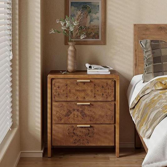COZAYH Farmhouse Nightstand Set of 2 with 3 Drawer, Distressed Wood Rustic Accent Dresser, Burl Finish Bedside Table for Bedroom, Entryway, Fully Assembled, Brown