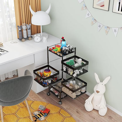 Rotating Kitchen Storage Rack，Bathroom Shelf，Kitchen Organization and Storage，Bathroom Storage Organizer，Fruit Basket，Rolling Carts with Wheels(Black, 4 Tier-Square)
