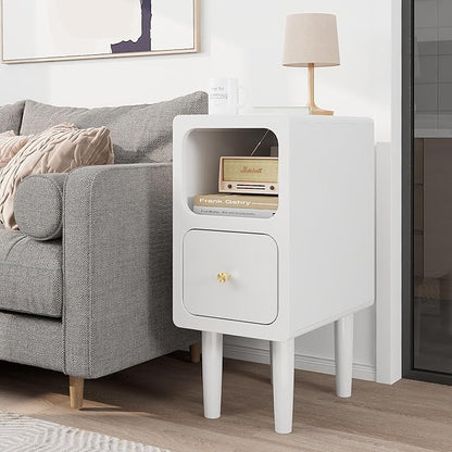 Narrow Nightstand, Solid Wood Night Stand with Drawers, White Mid Century Modern Nightstand, Small Beside Table with Open Storage Shelf for Bedroom (10 inch)
