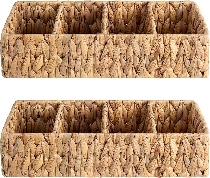 StorageWorks Small Wicker Basket for Organizing with 4-Section, Natural Water Hyacinth Storage Baskets with Dividers for Pantry Shelves, 2-Pack