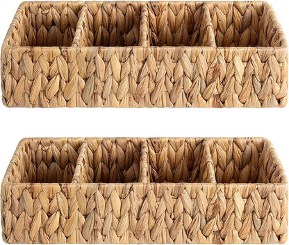 StorageWorks Small Wicker Basket for Organizing with 4-Section, Natural Water Hyacinth Storage Baskets with Dividers for Pantry Shelves, 2-Pack