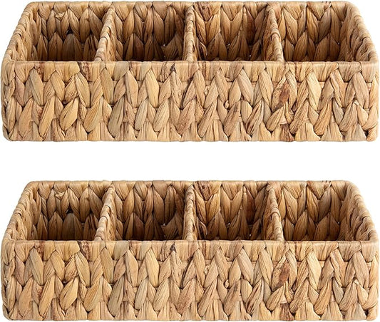 StorageWorks Small Wicker Basket for Organizing with 4-Section, Natural Water Hyacinth Storage Baskets with Dividers for Pantry Shelves, 2-Pack