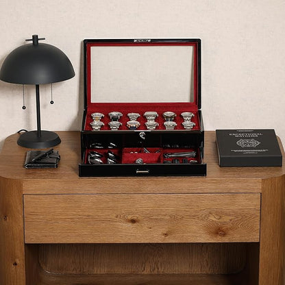 ROTHWELL 12-Slot Piano Black Watch Box with Valet Drawer - Premium Jewelry Display Case Organizer with Locking Glass Top and Microsuede Liner for Men & Women (Red Interior)