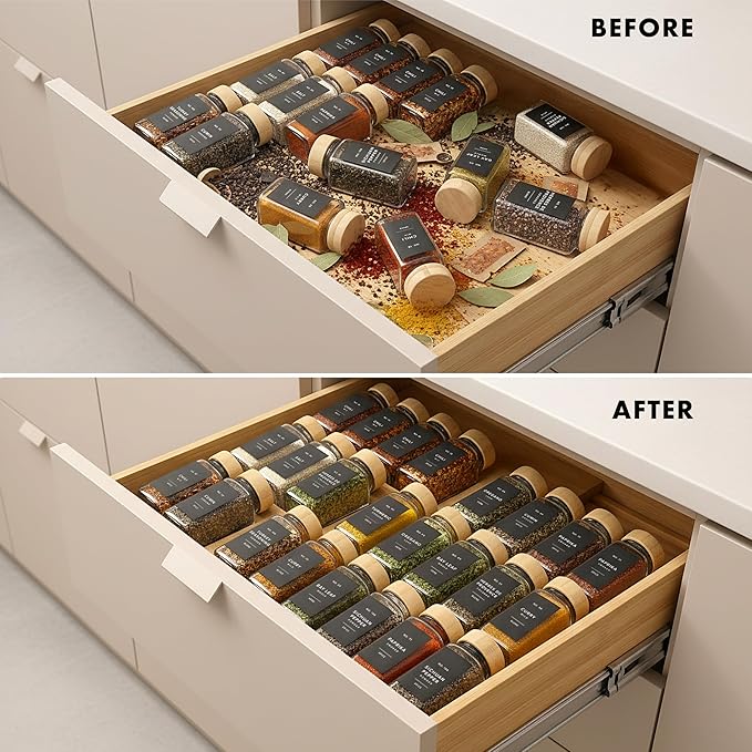 EDELHAUS Bamboo Spice Drawer Organizer - Expandable 4 Tier Spice Rack (Need 3" Deep Drawer) 12" to 24" Wide, Seasoning Organizer, Organization Seasoning Rack insert (Jars Not Included)