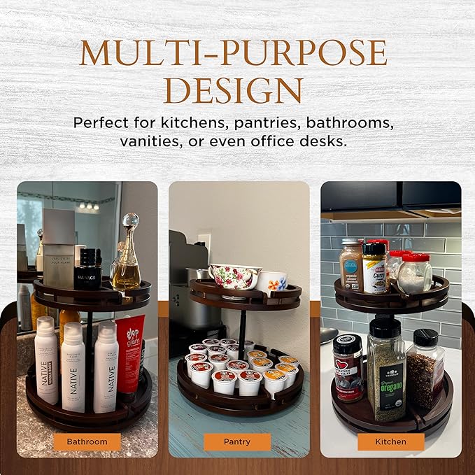 2 Tier Lazy Susan Organizer – 12" Bamboo Rotating Spice Rack Organizers with Adjustable Height Turntable for Cabinet, Pantry, Medicine Cabinet, Kitchen, Spinning Bathroom Counter Top Organizers