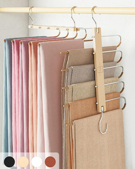 MORALVE Pants Hangers Space Saving - European Beechwood Scarf and Jean Hangers - Closet Organizer and Space Saver Pant Rack, Leggings Hanger, and Scarf Holder with 360° Swivel Hook (1 Pack)