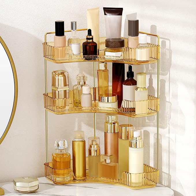 Weidace Corner Bathroom Counter Organizer Bathroom Countertop Shelf Makeup Organizer for Vanity Perfume Tray for Corner Storage (3 Tiers, Gold)