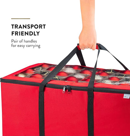 ZOBER Christmas Ornament Storage Box - Stores 200 3" Ornaments with Individual Trays - Tear Proof 600D Oxford Fabric - ornament organizer storage box (Red, 200-3" Ornaments)