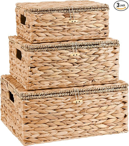 Wicker Storage Baskets with Lids and Handles, Hand Woven Rattan Storage Bins Box, Set 3 Natural Water Hyacinth Decorative Large Small Basket Container for Shelves, Bathroom Organizing