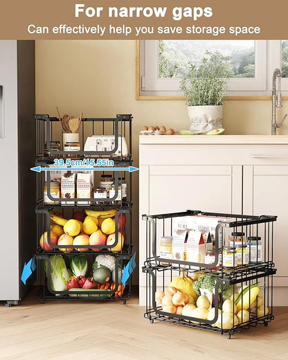 UMDONX 4 Pack Stackable Wire Baskets Storage Bins for Fruits, Vegetables, Potatoes & Onions | Pantry, Countertop, Laundry Organizer | Heavy Duty & Space Saving Black