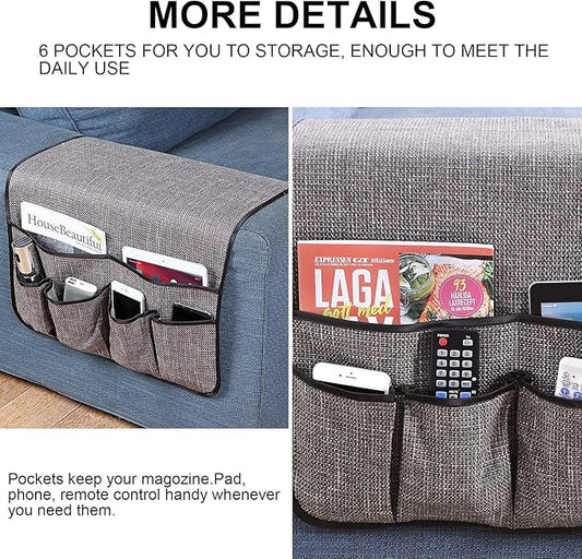 Sixyotie Armchair Caddy Remote Control Holder Sofa Organizer Non-Slip Couch Arm Chair Caddy with 6 Pockets for Tablets,Smart Phone,Books,Pens,Magazines,Ipad (19x35In, Darkgrey)