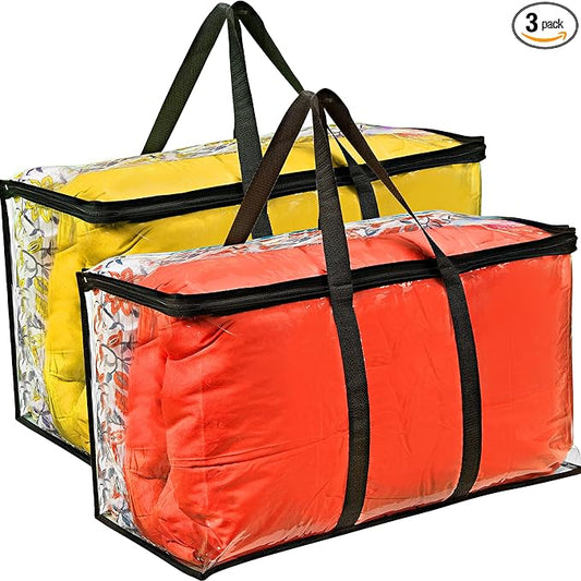 VitalUp 2 Pack Clear Large Moving Bags, Heavy Duty Storage Bags, College Totes, Storage Bins, for Organizing Blankets, Clothing for College, Dorm, Packing, Durable with Zipper and Handle 25x14x12