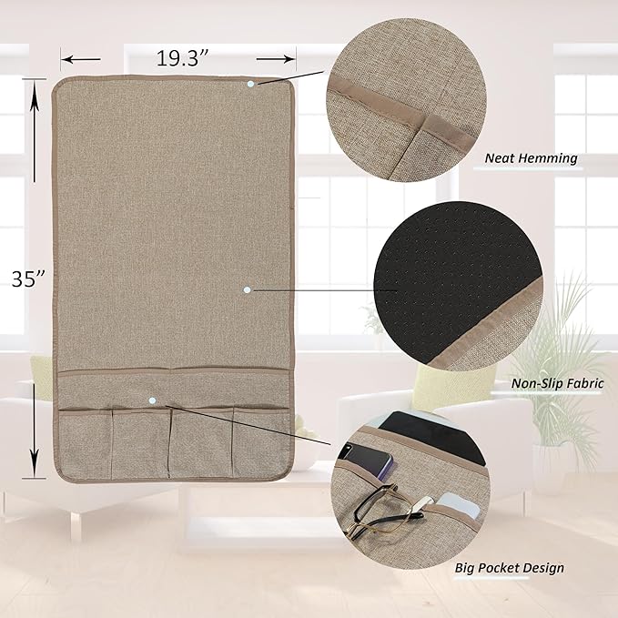 luckyjoyreal Faux Linen Armchair Caddy for Couch Remote Control Holder Non-slip Sofa Armset Organizer Caddy Storage for Recliner Couch 6 Pocket for Magazine 35"x19.5" Linen 1 Piece