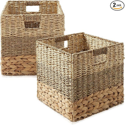 Casafield 10.5" x 10.5" Mixed Weave Storage Baskets, Natural - Set of 2 Woven Hyacinth Seagrass Wicker Storage Cube Bins for Bathroom, Bedroom, Laundry, Pantry, Shelves