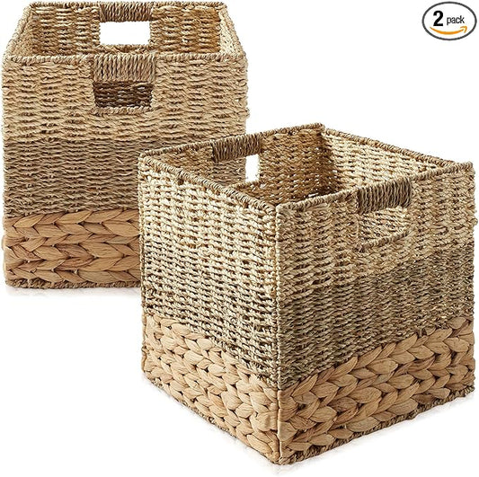 Casafield 10.5" x 10.5" Mixed Weave Storage Baskets, Natural - Set of 2 Woven Hyacinth Seagrass Wicker Storage Cube Bins for Bathroom, Bedroom, Laundry, Pantry, Shelves